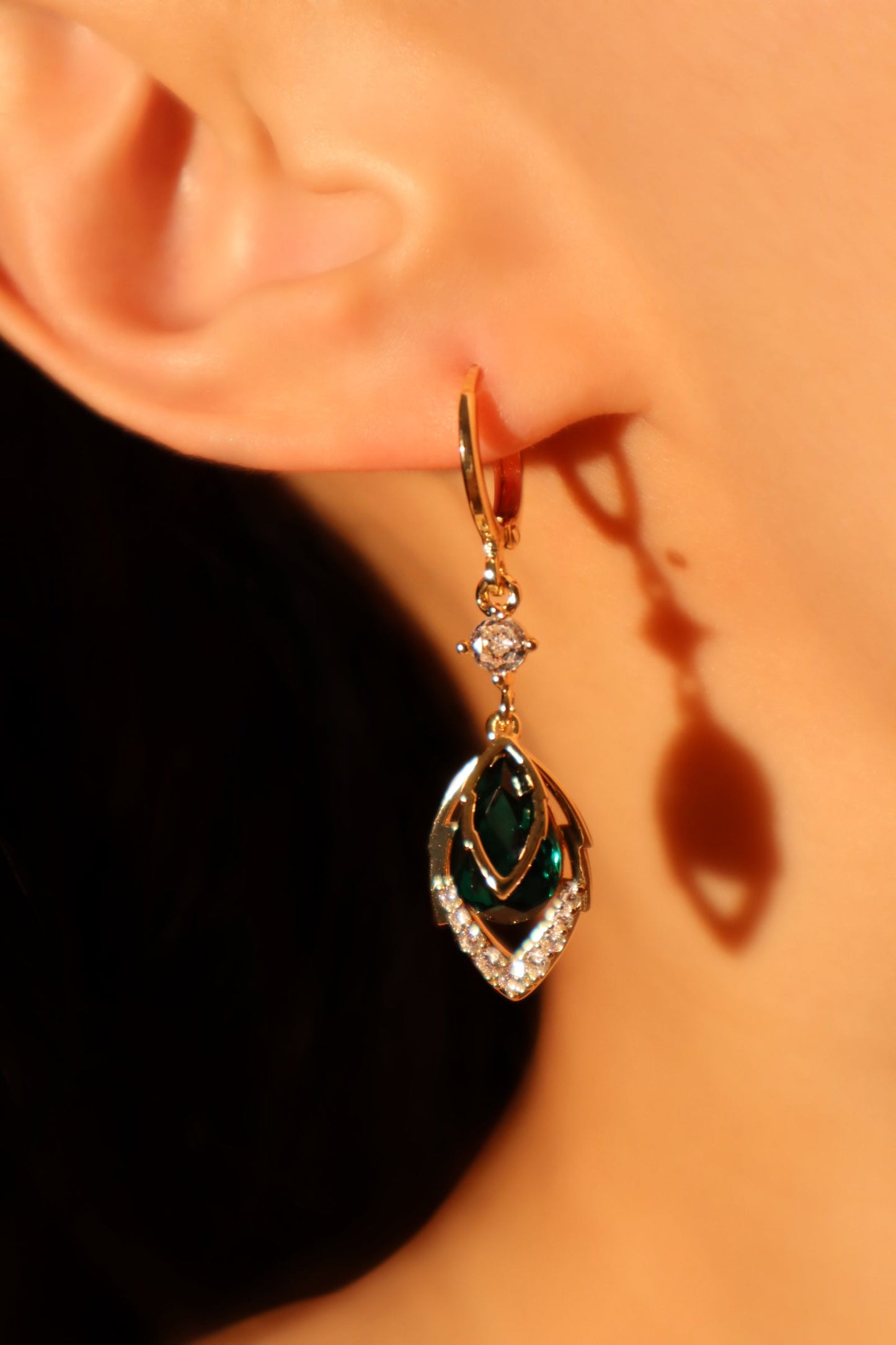 18K Real Gold Plated Green Gem Droplet Earrings