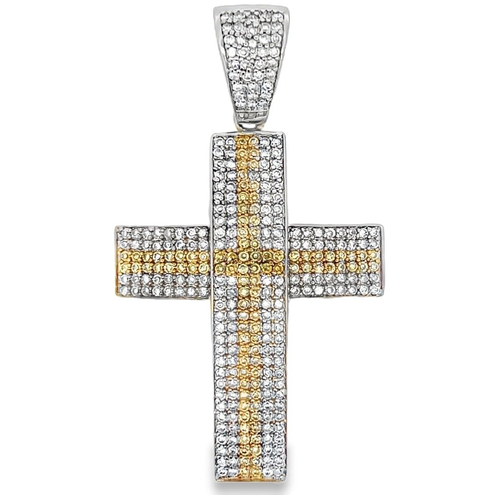 6 Row White Yellow Cross CZ Pendant .925 Sterling Silver