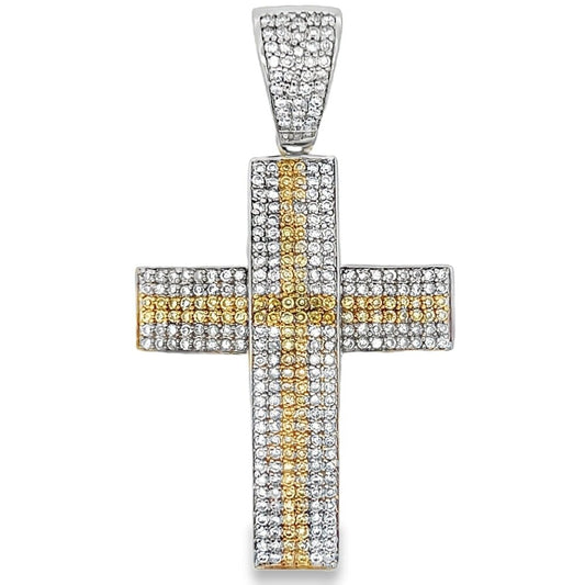 6 Row White Yellow Cross CZ Pendant .925 Sterling Silver