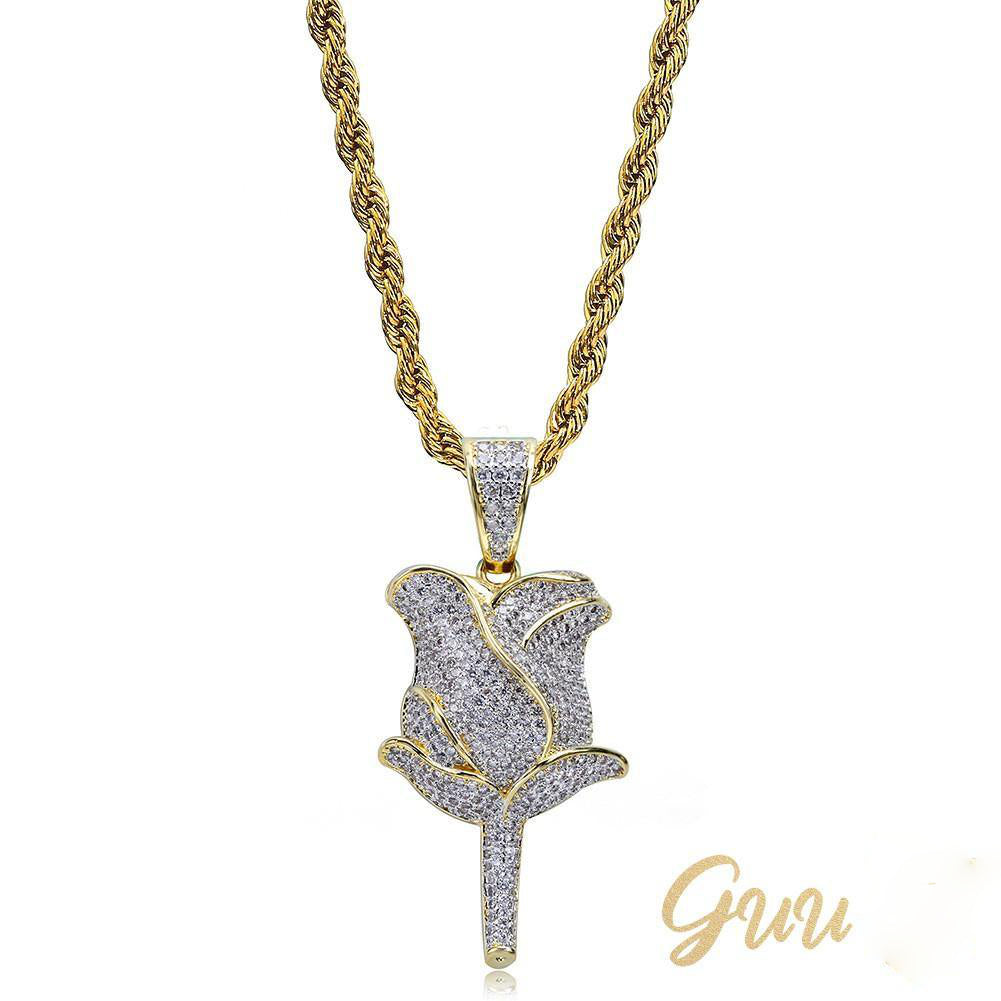 30mm  Iced Gold-Plated CZ  Rose Pendant & Cuban Link Chain