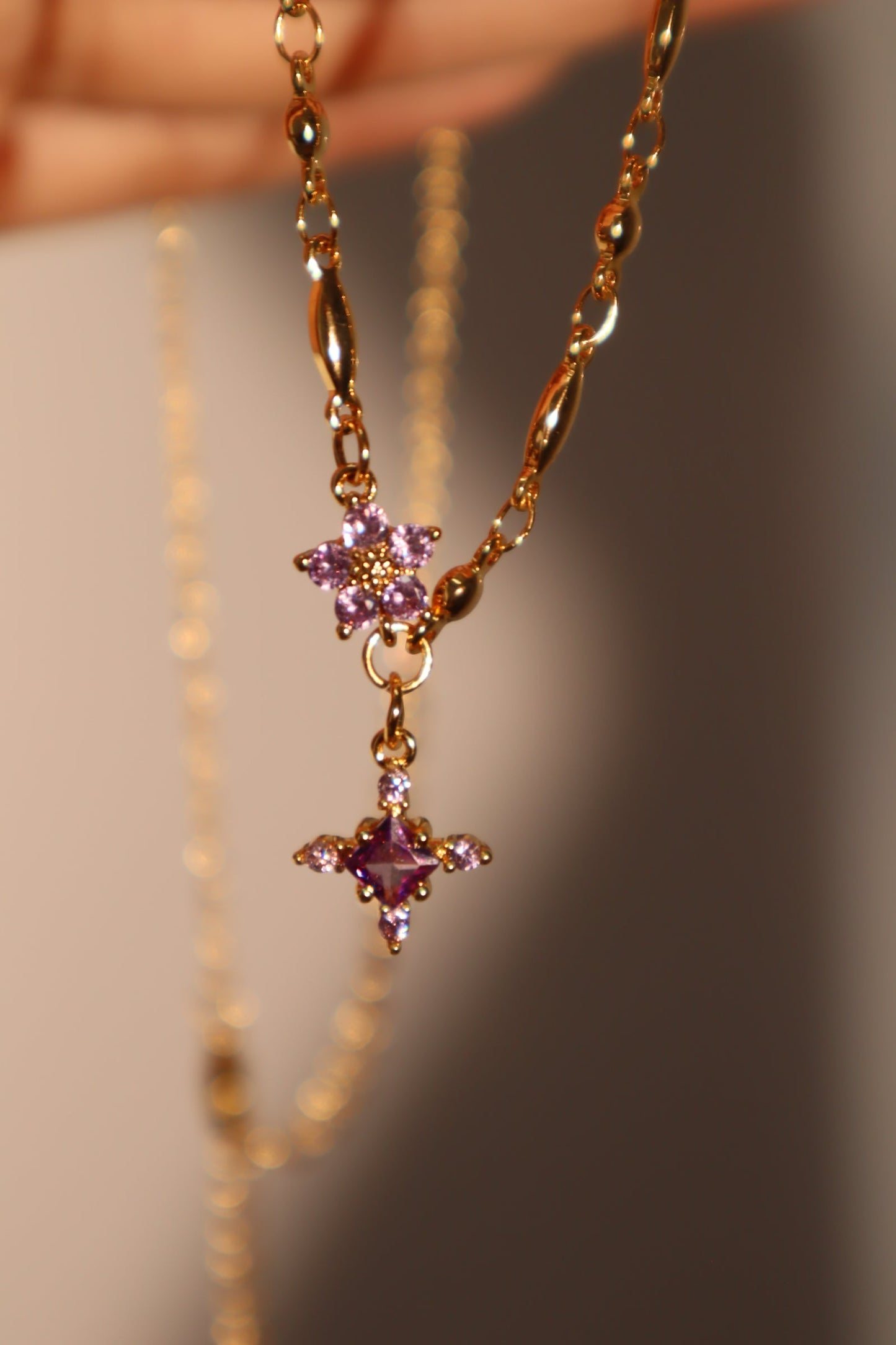 18K Real Gold Plated Amethyst Starlight Cross Necklace
