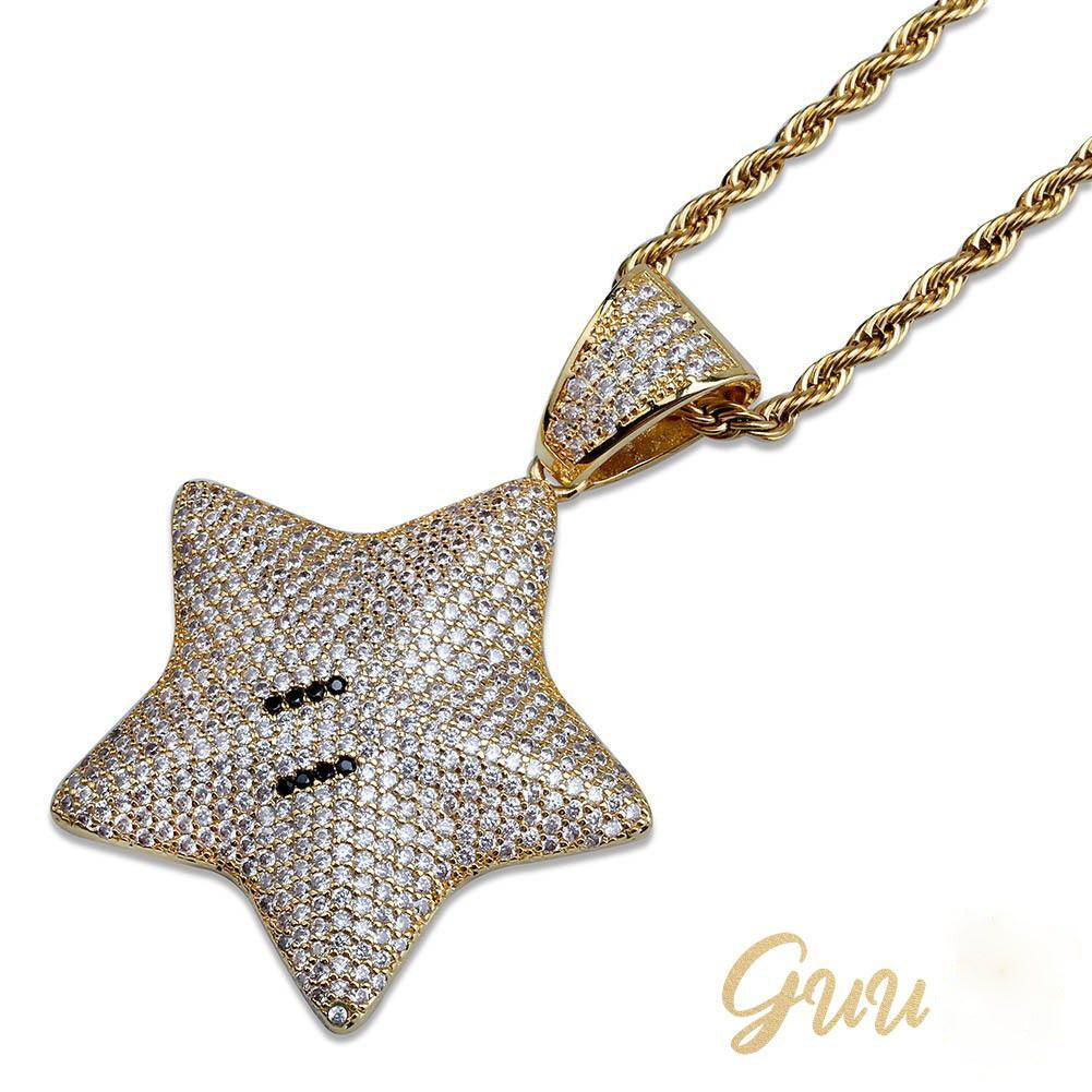 18K Gold-Plated CZ  Pentagram Hip Hop Pendant Necklace