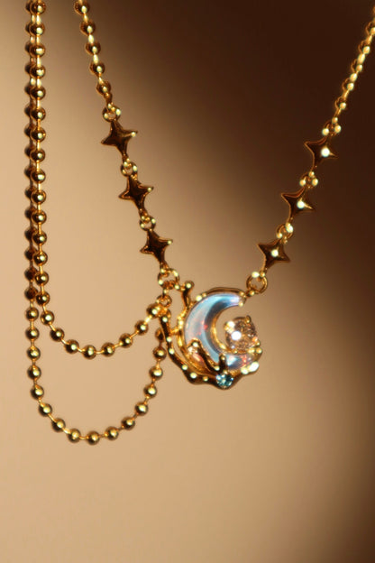 18K Real Gold Plated Diamond Moonstone Moon Necklace