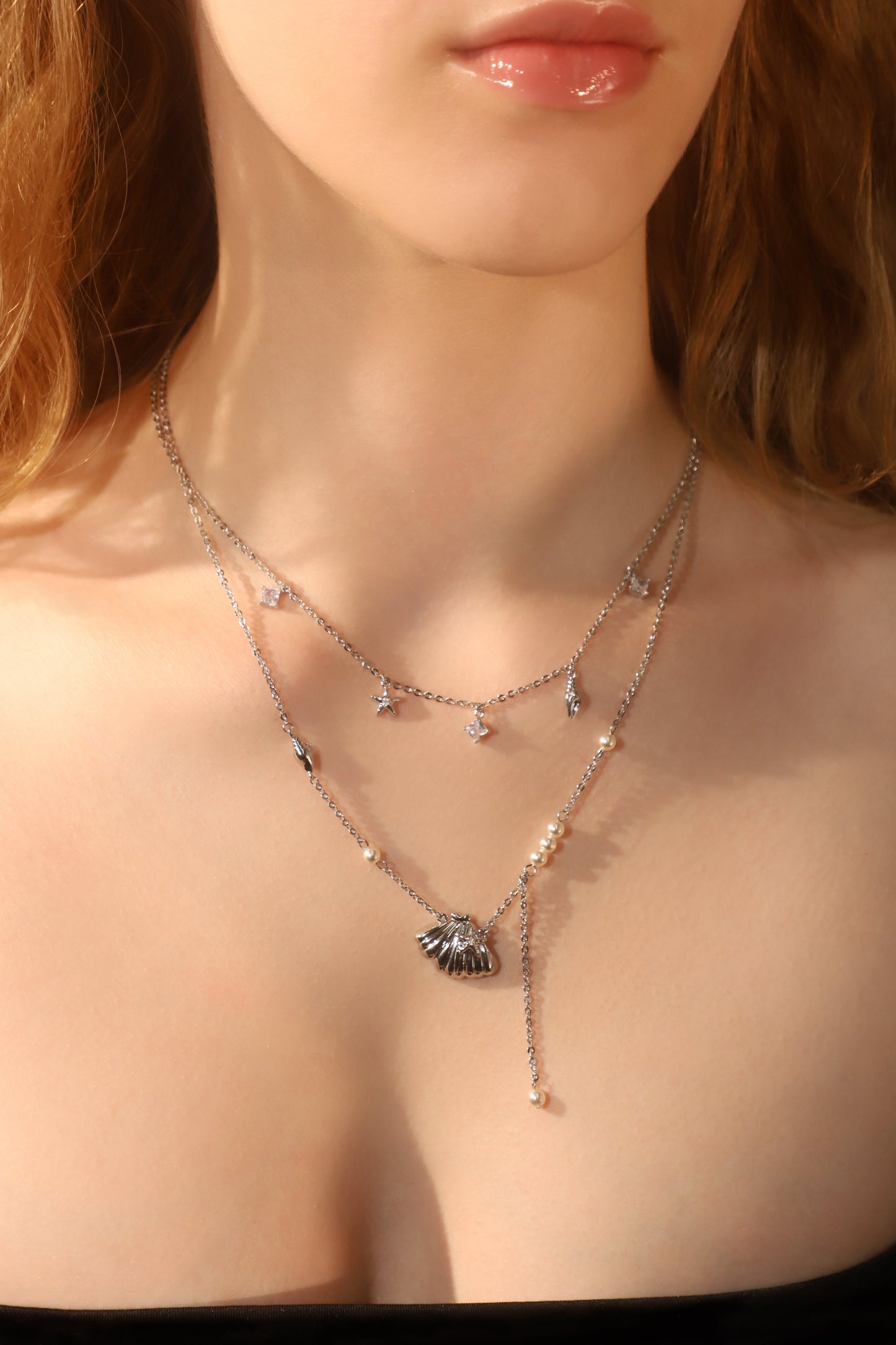 Palladium White Gold Plated Shell Starfish Pearls Layer Necklace