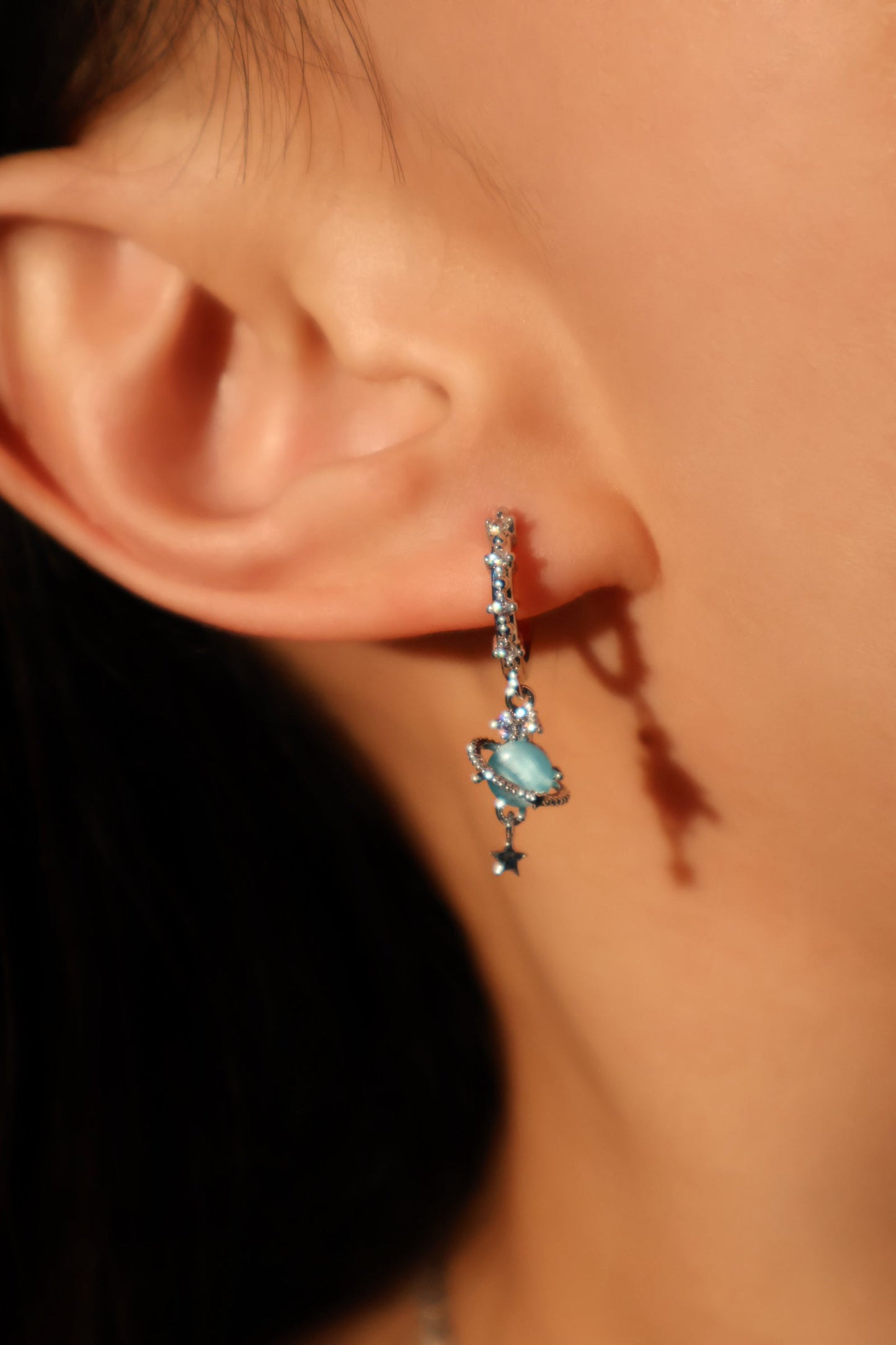 Palladium White Gold Plated Saturn Star Hoop Earrings