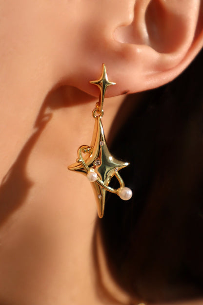 18K Real Gold Plated Saturn Pearls Earrings