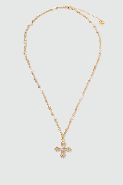 18K Real Gold Plated Multi Pearls Cross Necklace