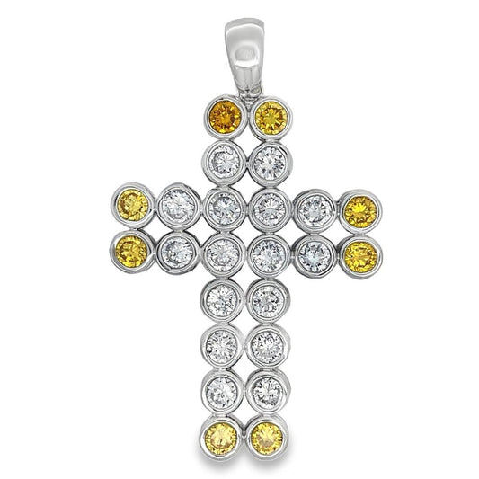 6MM Double Tennis Cross Yellow & White CZ Iced Out Pendant
