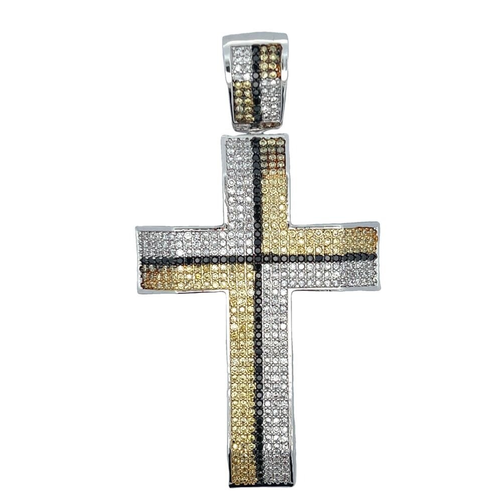 7 Row Blocked White Black & Yellow CZ Cross Iced Out Pendant Rhodium