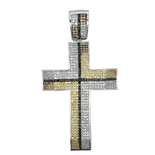 7 Row Blocked White Black & Yellow CZ Cross Iced Out Pendant Rhodium