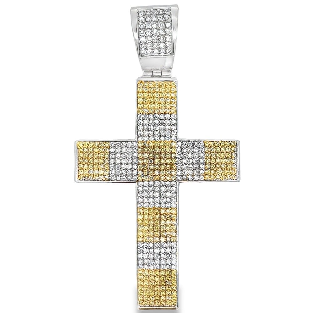 7 Row White Yellow Cross CZ Pendant .925 Sterling Silver