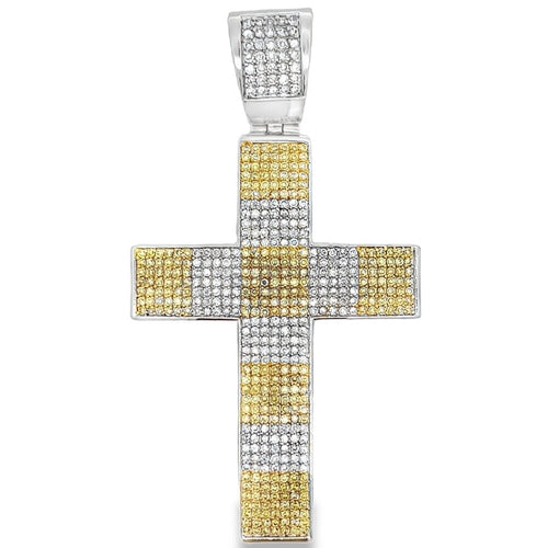 7 Row White Yellow Cross CZ Pendant .925 Sterling Silver