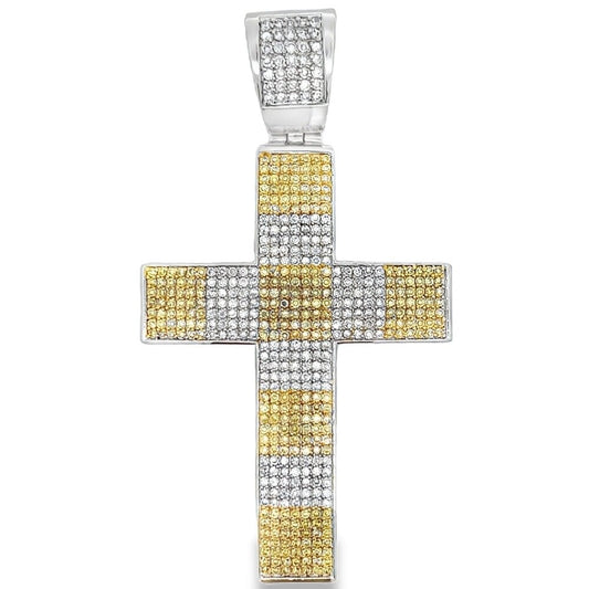 7 Row White Yellow Cross CZ Pendant .925 Sterling Silver