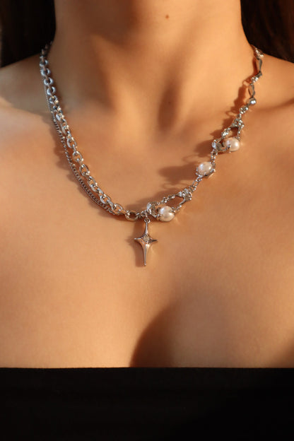 Palladium White Gold Plated Pearl Star Necklace