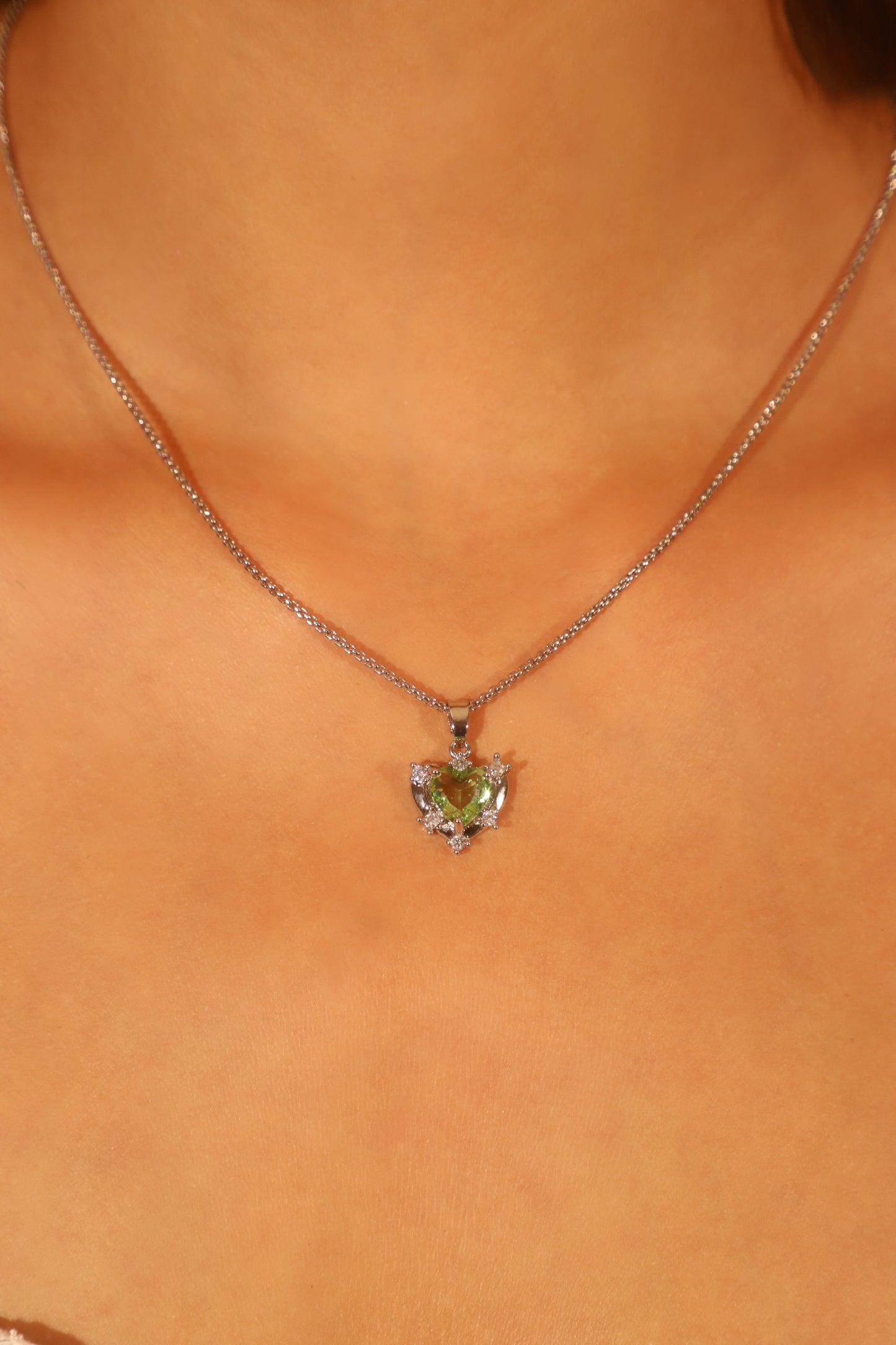 Palladium White Gold Plated Diamond Green Gem Heart Necklace