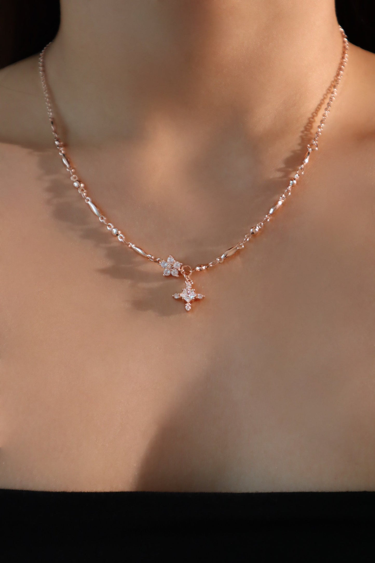 18K Rose Gold Plated Diamond Starlight Cross Necklace