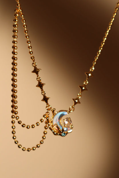 18K Real Gold Plated Diamond Moonstone Moon Necklace