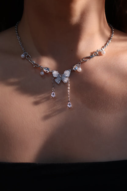 Palladium White Gold Plated Blue Crystal Butterfly Necklace