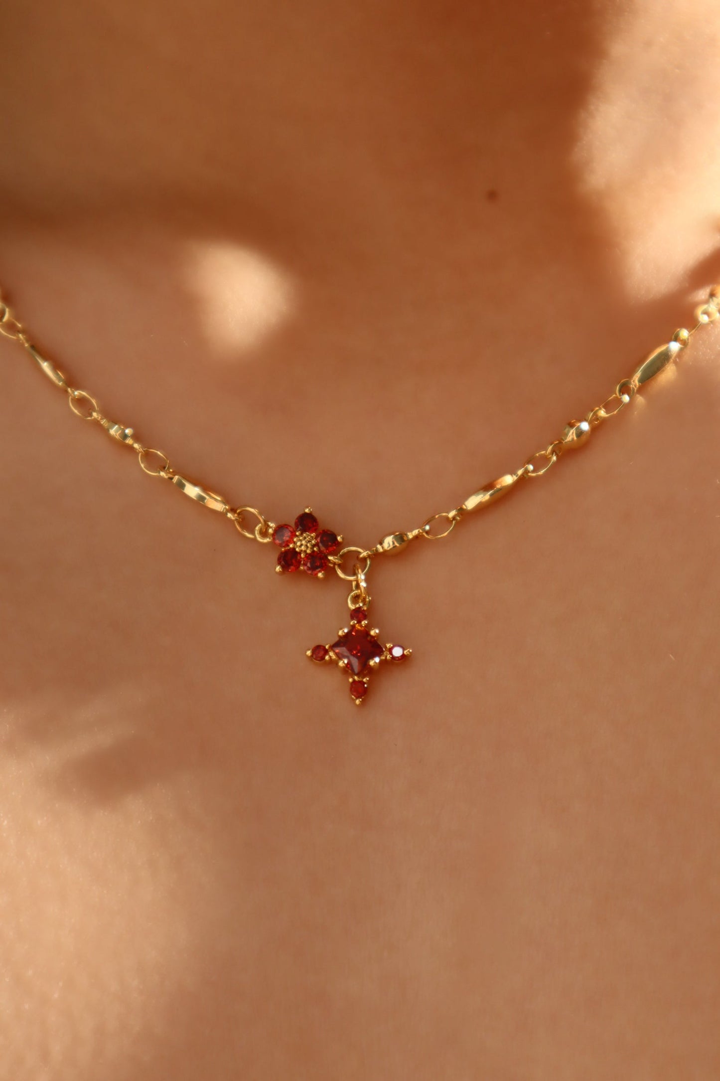 18K Real Gold Plated Garnet Starlight Cross Necklace