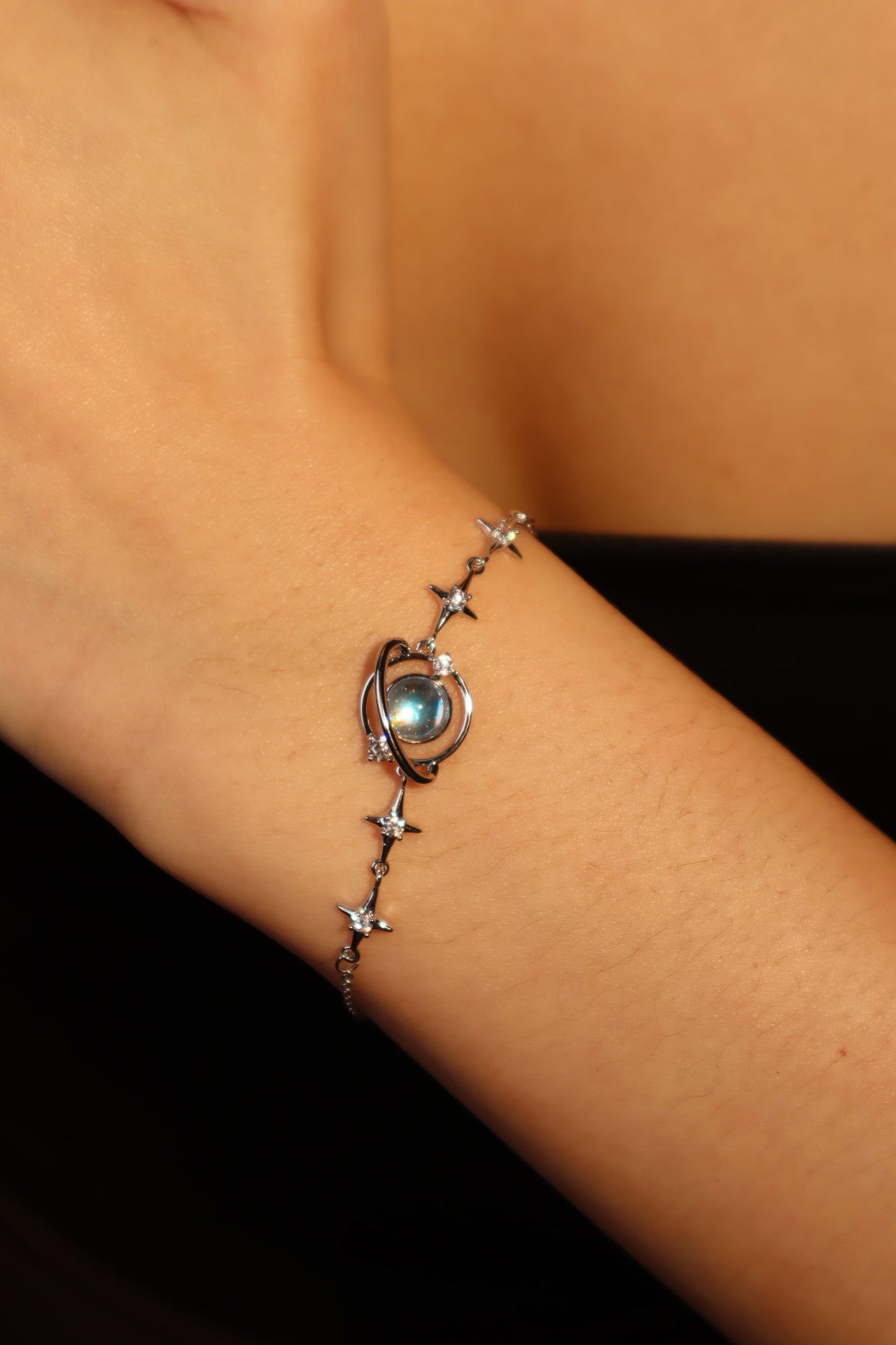 Palladium White Gold Plated Moonstone Saturn Star Bracelet