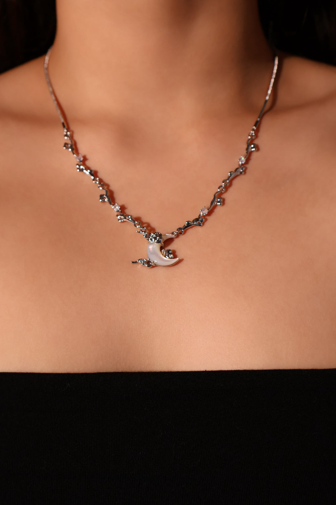 Palladium White Gold Plated Diamonds Natural Shell Moon Necklace