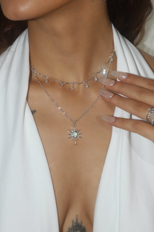 Palladium White Gold Plated Pole Star Wave Layer Necklace