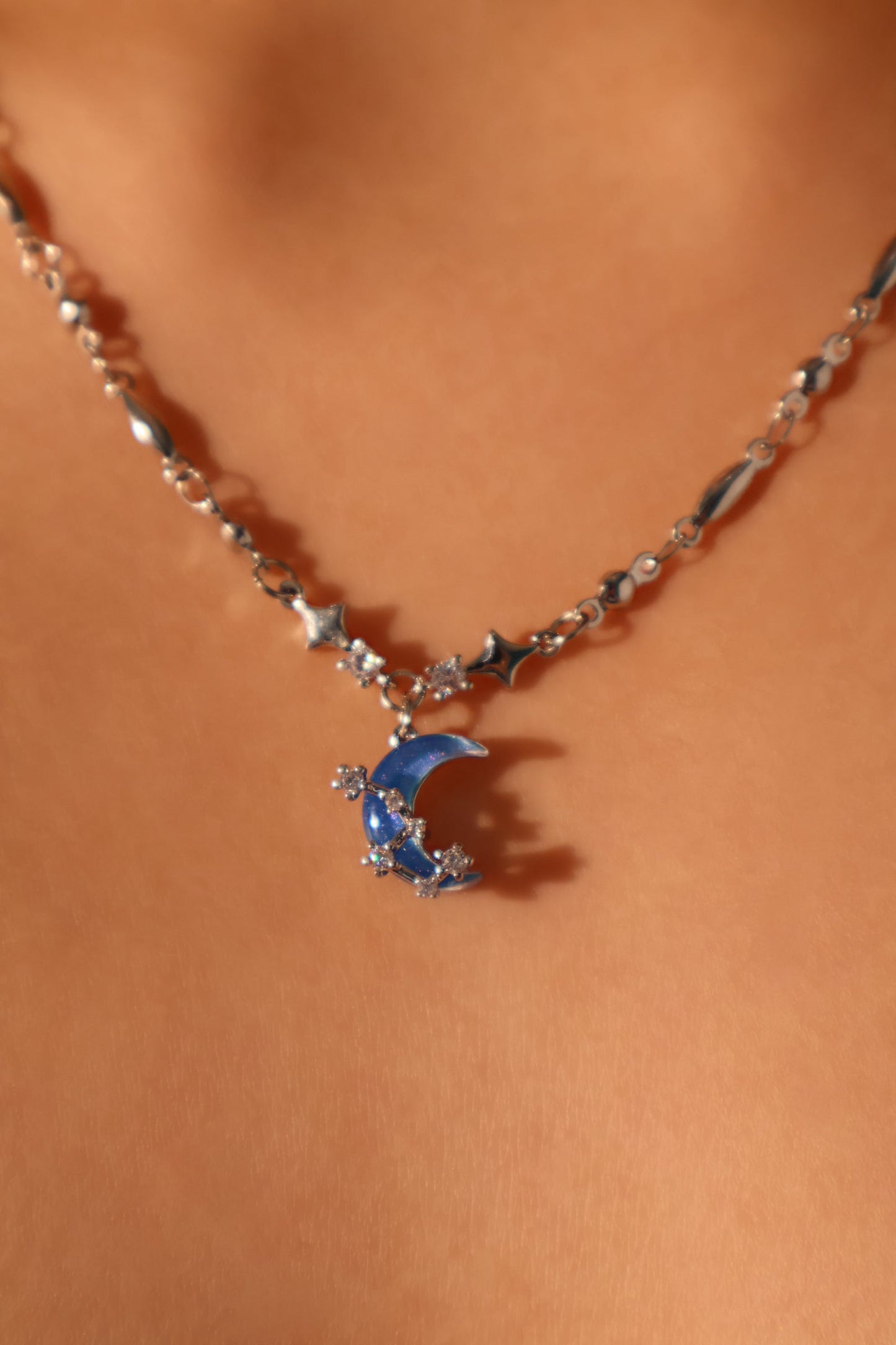Palladium White Gold Plated Moonstone Moon Star Necklace