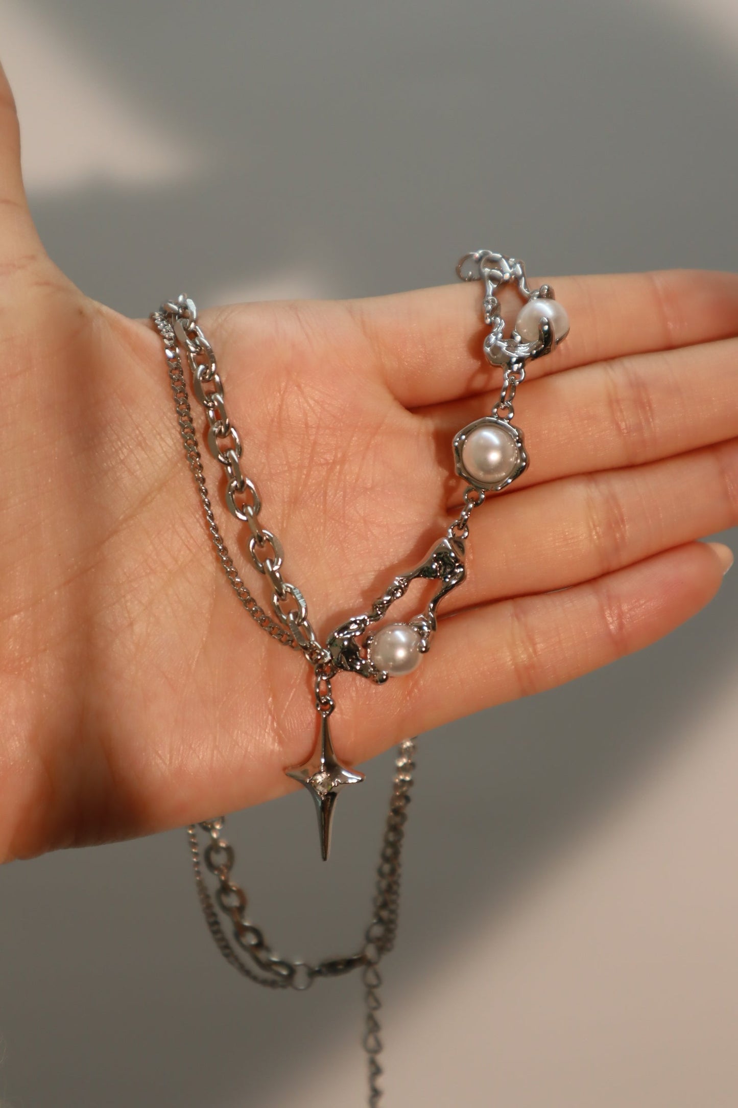 Palladium White Gold Plated Pearl Star Necklace