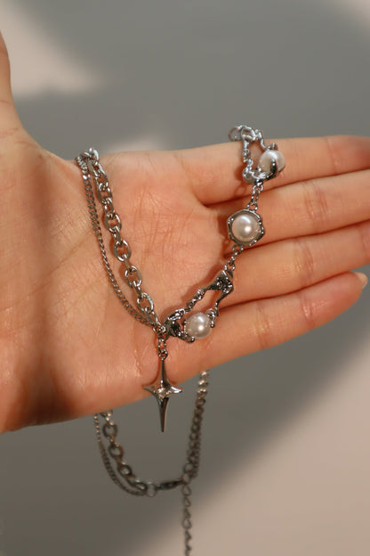 Palladium White Gold Plated Pearl Star Necklace