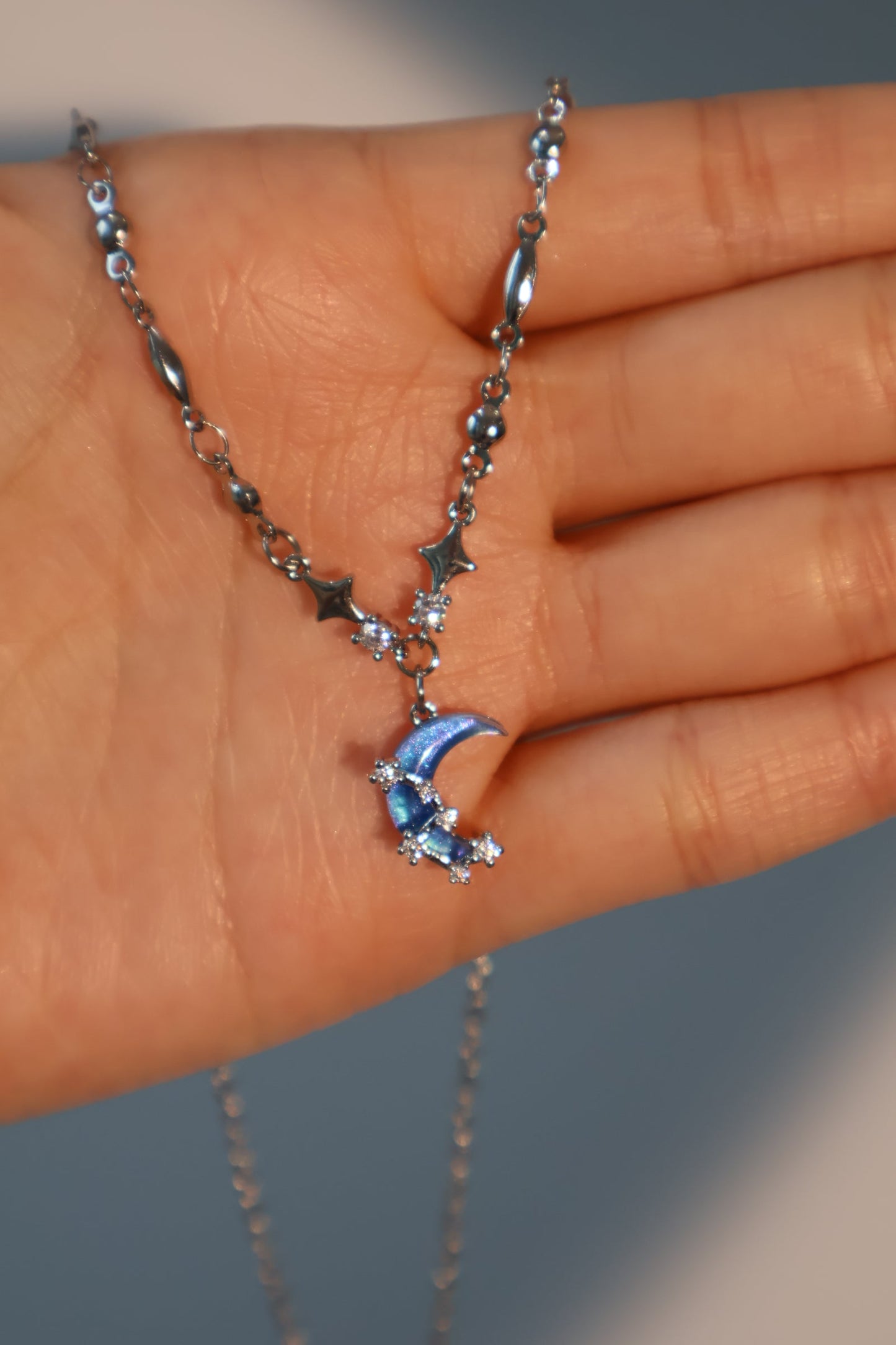 Palladium White Gold Plated Moonstone Moon Star Necklace