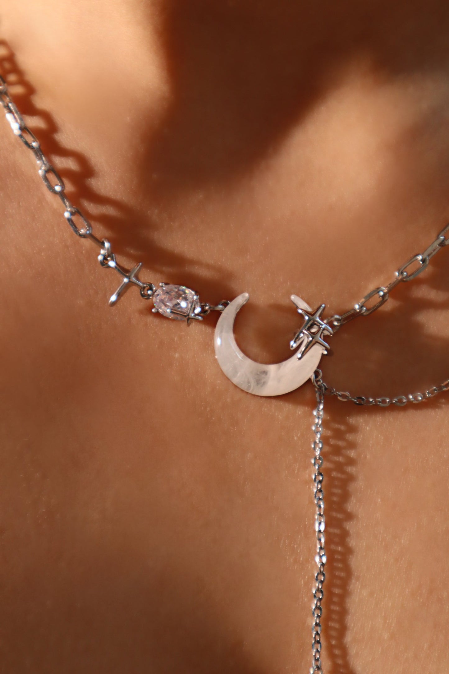 Palladium White Gold Plated Moon Star Chain Necklace
