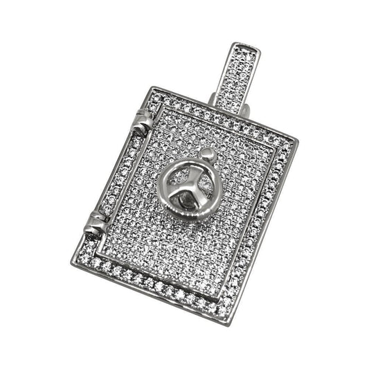 .925 Silver 3D Bank Safe Vault CZ Bling Bling Pendant