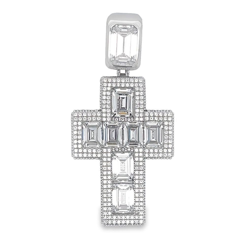 .925 Silver 3D Emerald Cut Thick CZ Iced Out Pendant