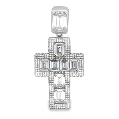 .925 Silver 3D Emerald Cut Thick CZ Iced Out Pendant