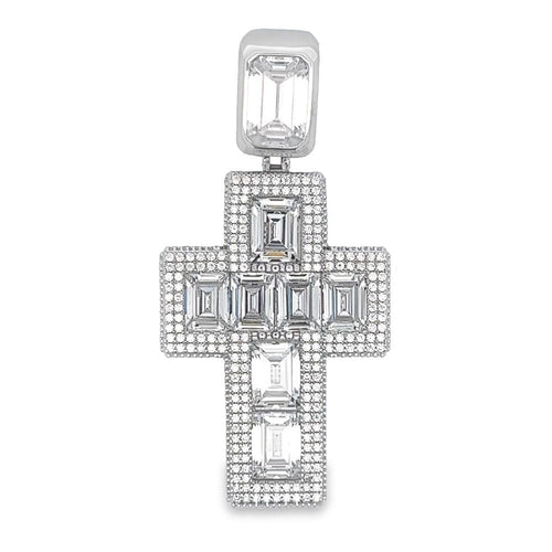 .925 Silver 3D Emerald Cut Thick CZ Iced Out Pendant