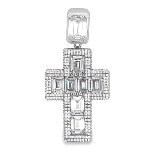 .925 Silver 3D Emerald Cut Thick CZ Iced Out Pendant