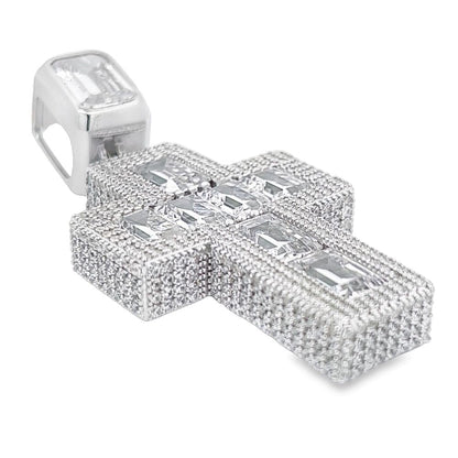 .925 Silver 3D Emerald Cut Thick CZ Iced Out Pendant