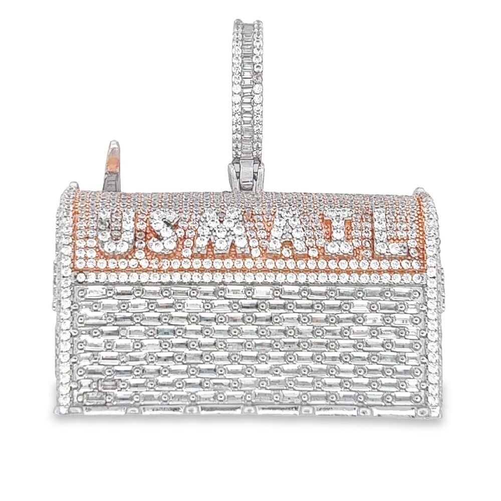 .925 Silver 3D US Mail Box Baguette CZ Iced Out Pendant
