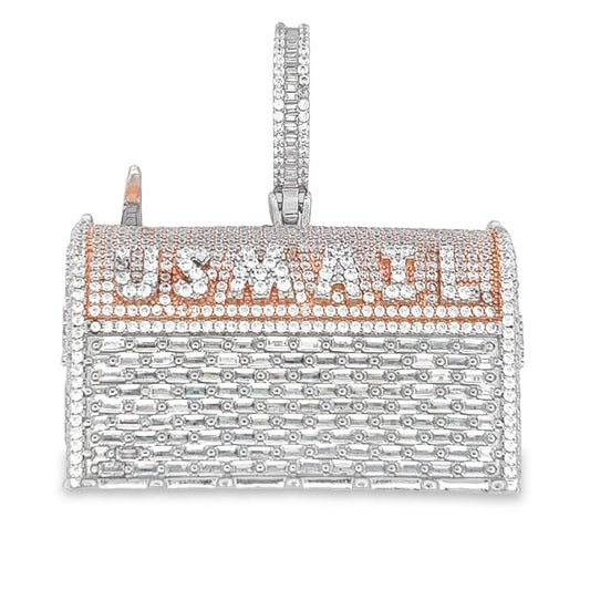 .925 Silver 3D US Mail Box Baguette CZ Iced Out Pendant