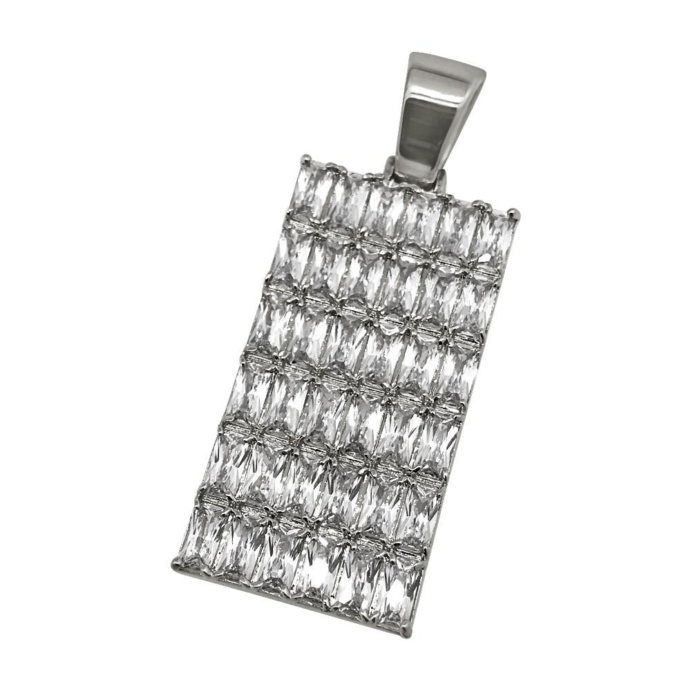 .925 Silver Baguette CZ Bling Bling Dog Tag Pendant