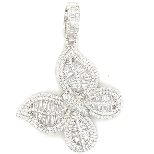 .925 Silver Butterfly Baguette VVS CZ Iced Out Pendant
