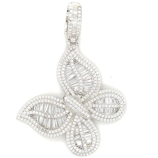 .925 Silver Butterfly Baguette VVS CZ Iced Out Pendant