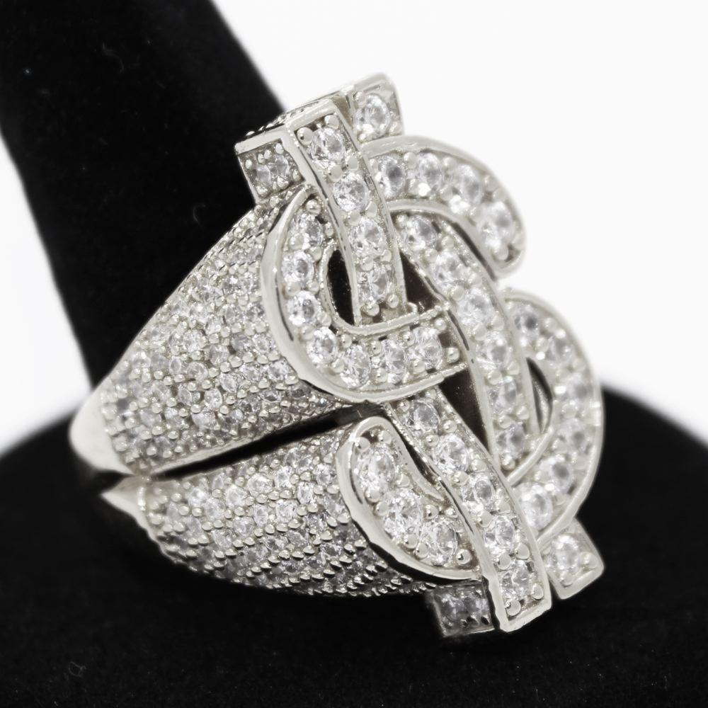 .925 Silver Cash Money Dollar Sign CZ Hip Hop Bling Ring