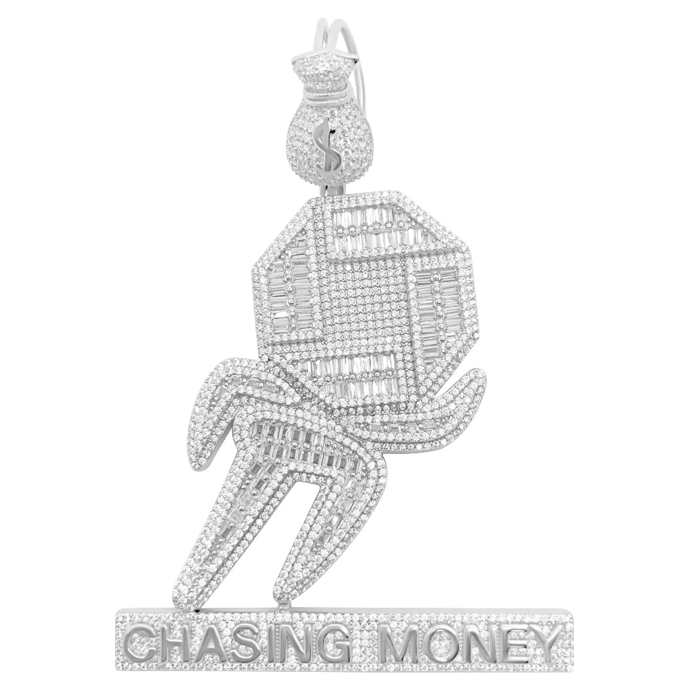 .925 Silver Chasing Money Baguette CZ Iced Out Pendant
