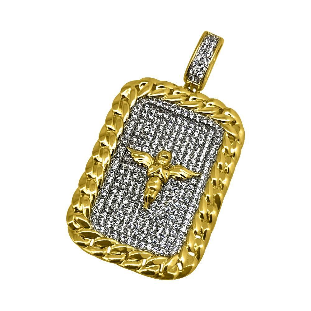 .925 Silver Cherub Angel Rhodium Cuban CZ Rectangle Pendant