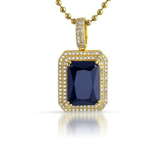 .925 Silver Double Iced Out Blue Gem Pendant