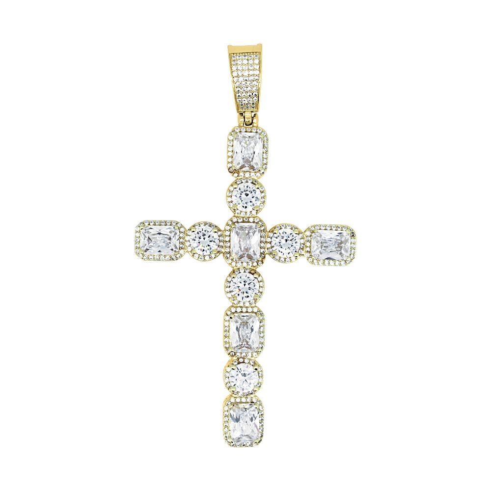 .925 Silver Emerald and Round Cut CZ Cross