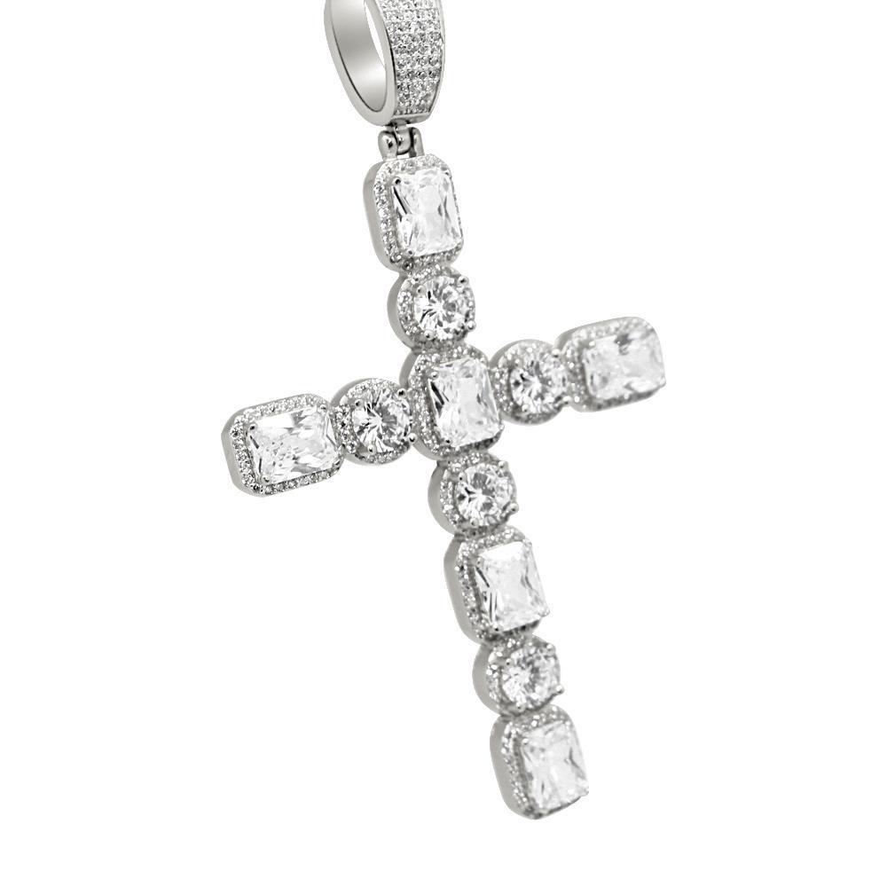 .925 Silver Emerald and Round Cut CZ Cross