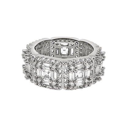 .925 Silver Exotic Baguette Princess Eternity Band CZ Rhodium Ring