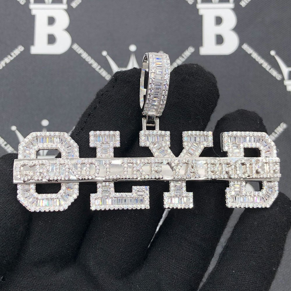 .925 Silver GLYB Grind Like Ya Broke Baguette CZ Iced Out Pendant